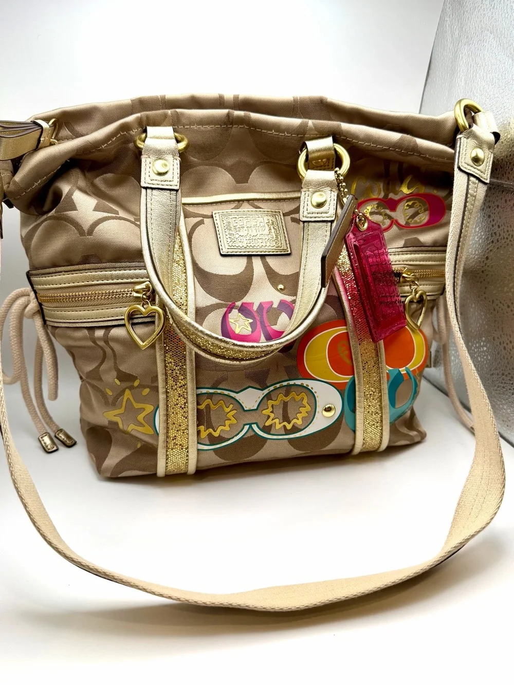 Coach Poppy Pop C Signature Glam Tote Bag Gold Glitter Y2K F21101